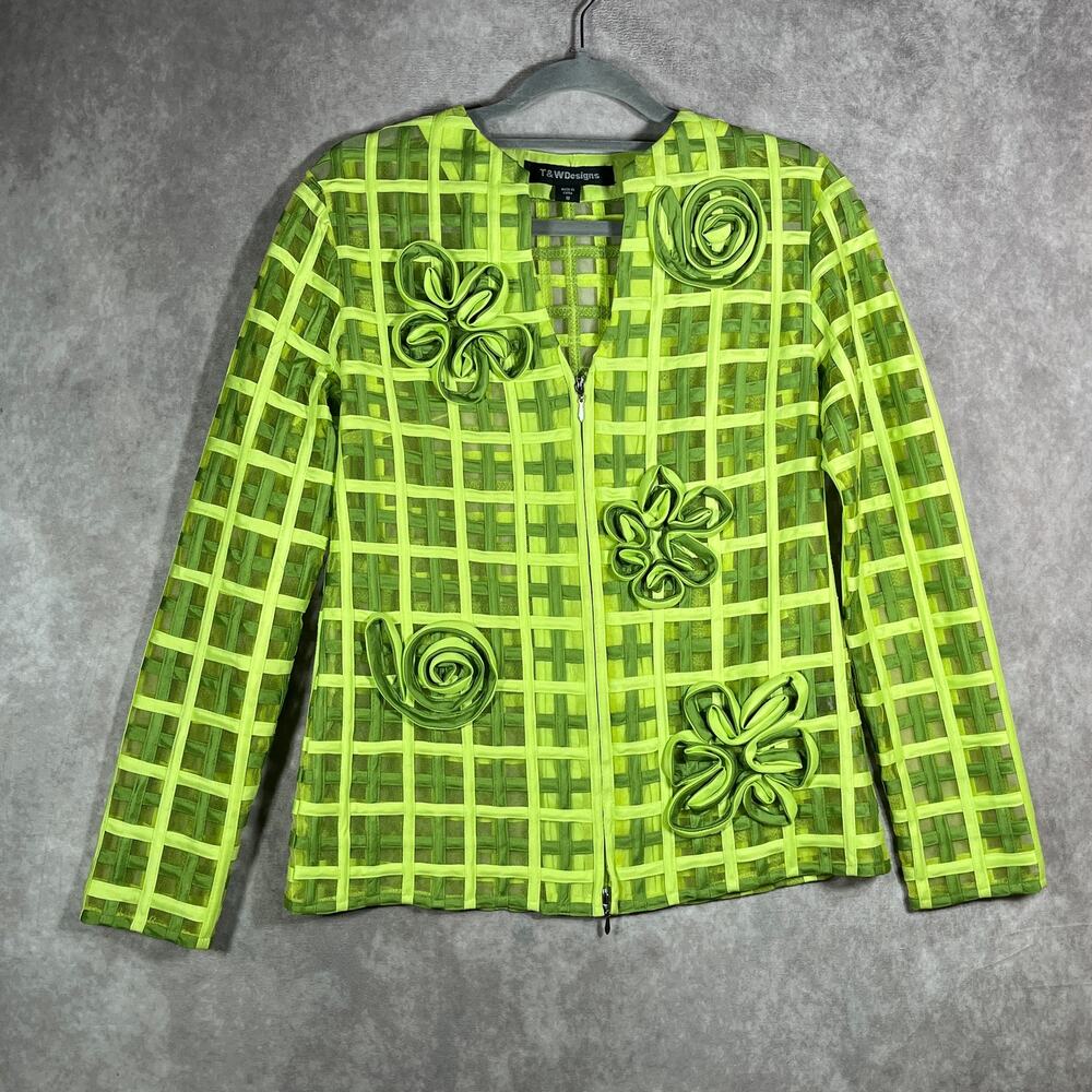 T&W Designs Blazer Jacket Womens M Green‎ Semi Sheer Floral Applique Art To Wear